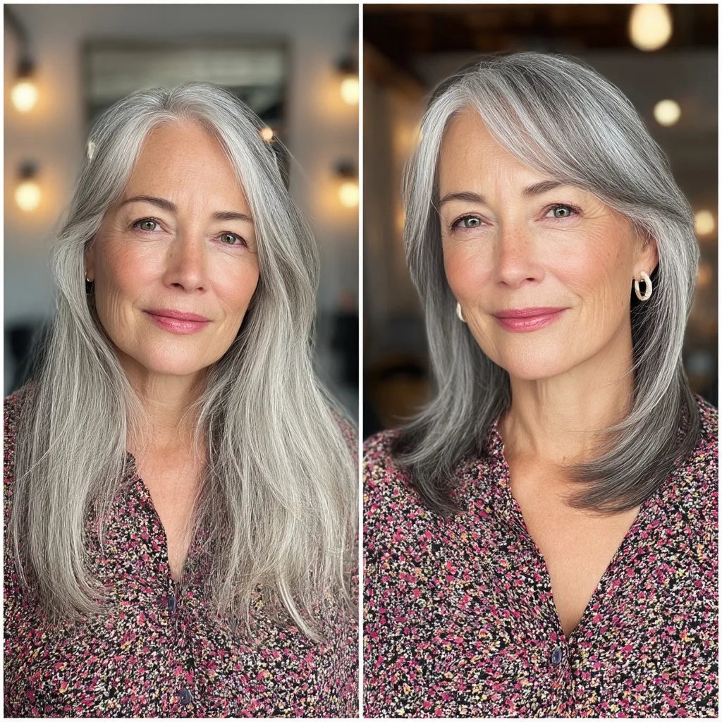Elegant Long Layered Gray Haircut with Face-Framing Highlights