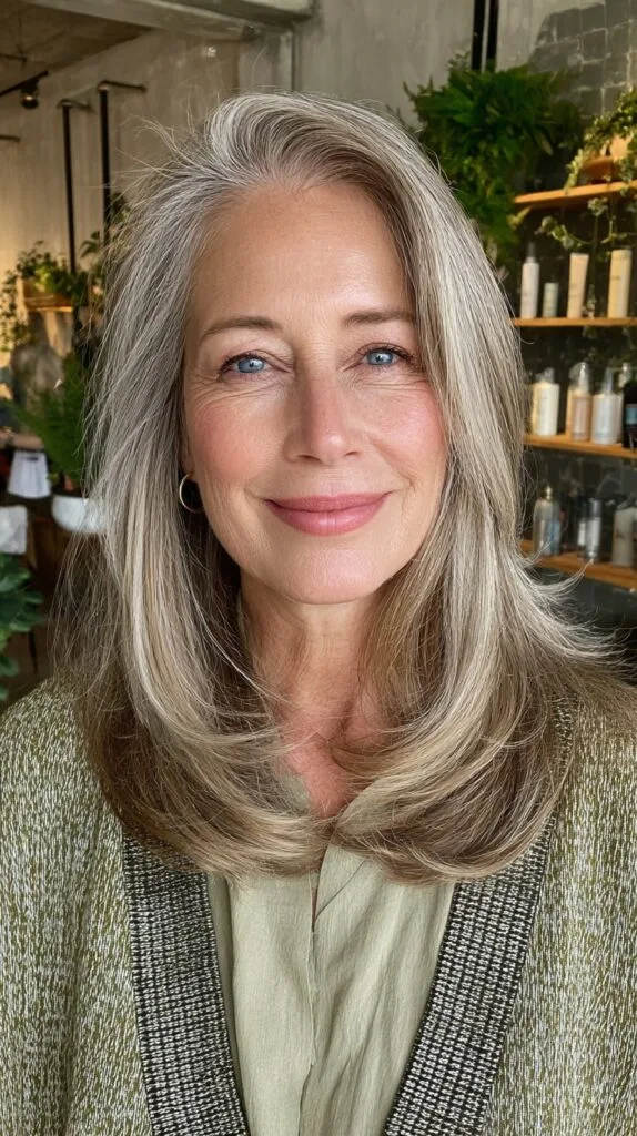 Elegant Long Layered Silver Haircut with Soft Face-Framing Layers