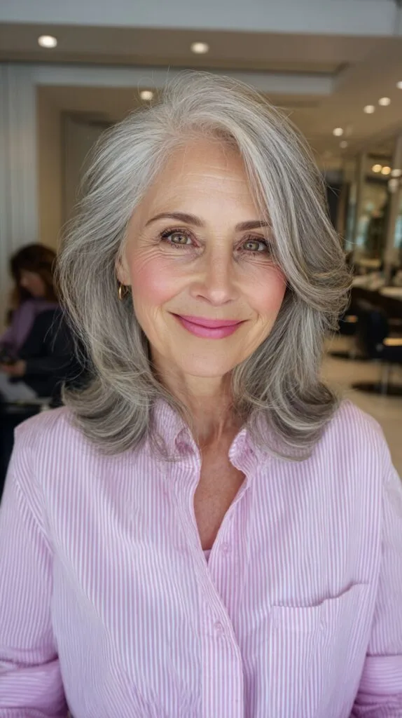 Elegant Medium-Length Silver Layered Cut with Soft Movement