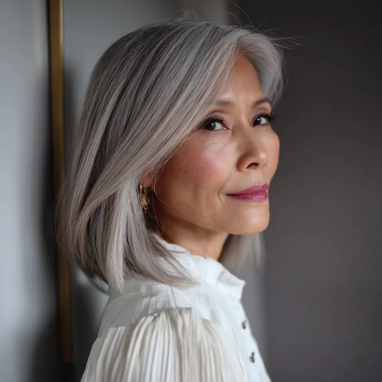 Elegant Silver Angled Bob with Subtle Layers