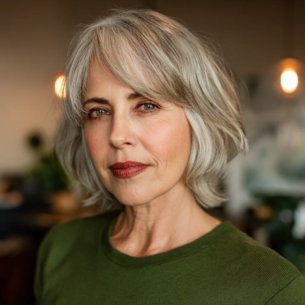 Elegant Silver Layered Bob with Long Bangs