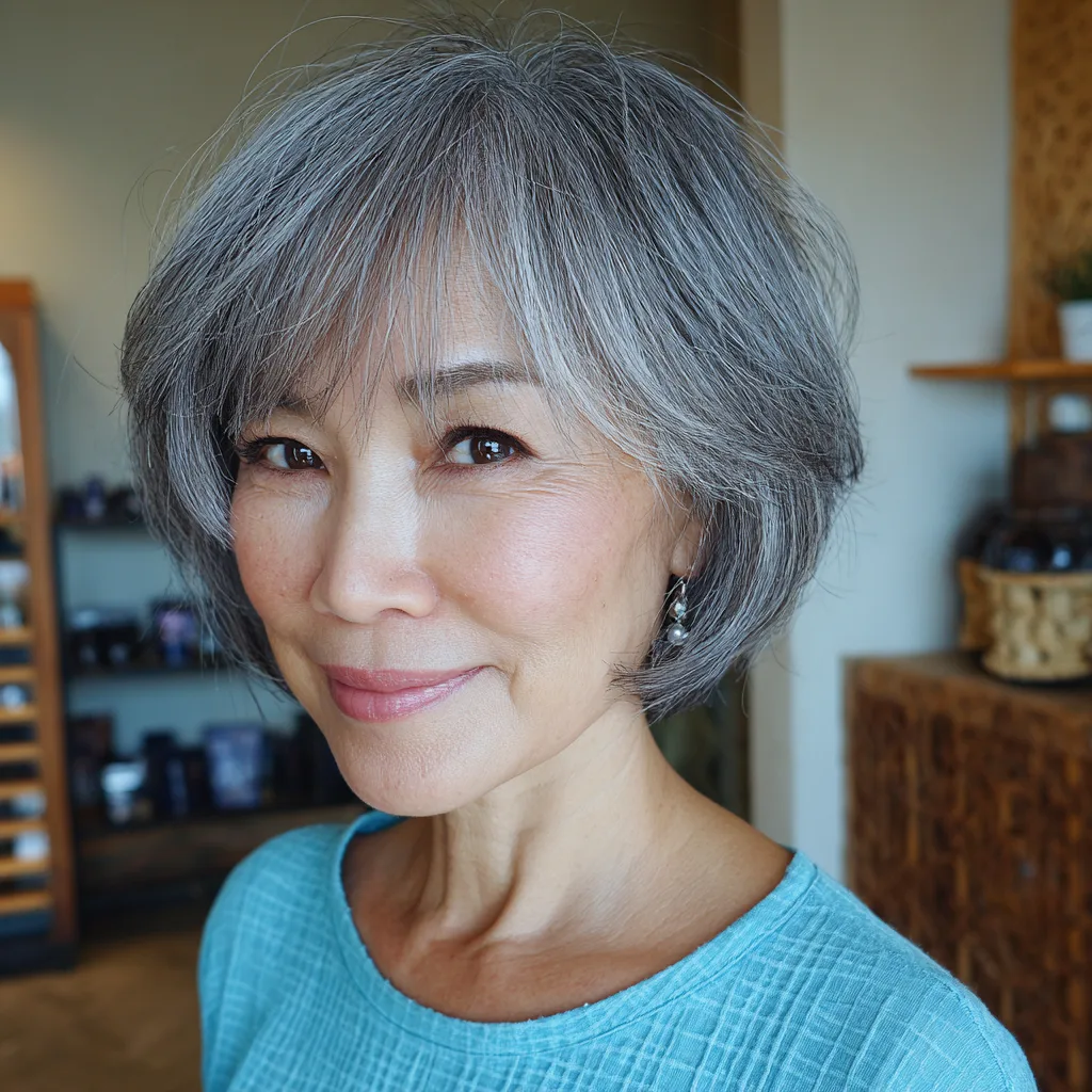 Elegant Silver Textured Bob with Long Bangs