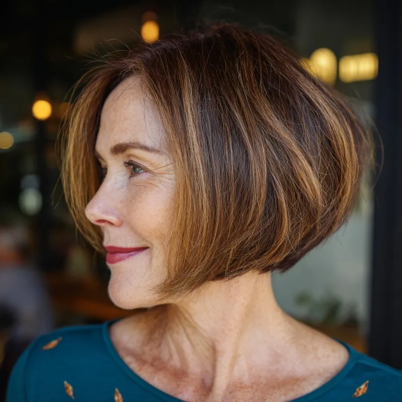 Elegant Warm Brown Wedge Bob with Subtle Highlights