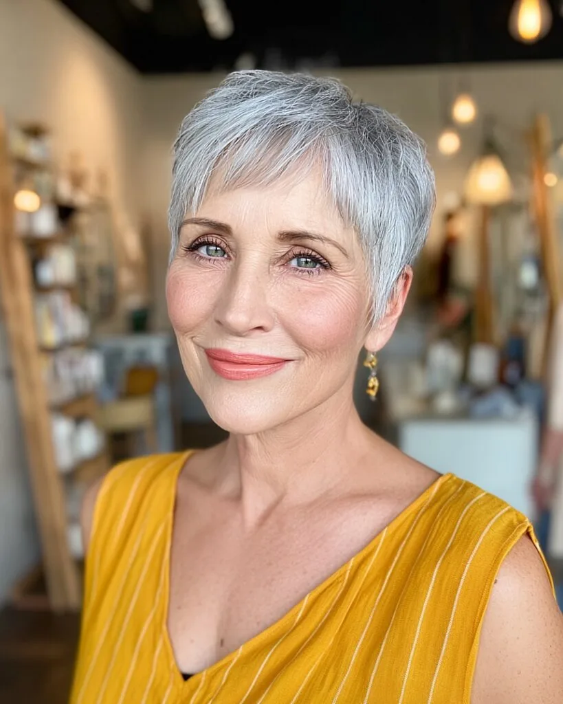 Extra short silver crop with light bangs for older women with fine straight hair