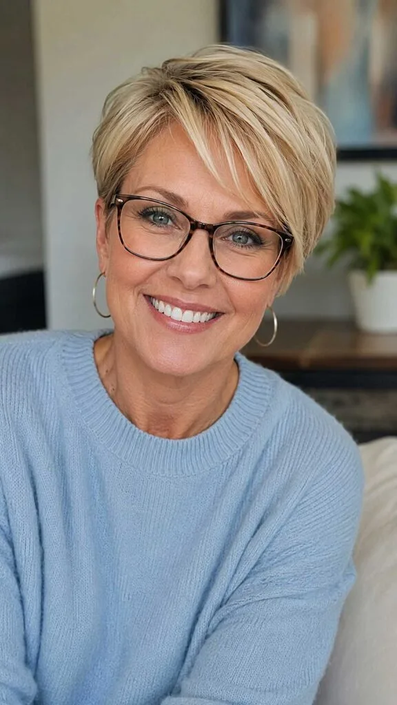 Feathered blonde pixie with side-swept bangs and glasses