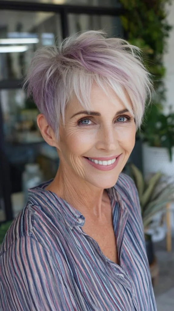 Feathered Platinum Pixie with Soft Lilac Crown Streaks