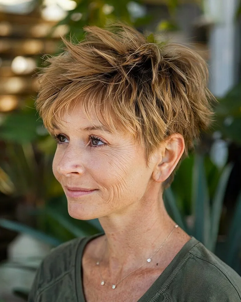 Feathered shag pixie haircut for women over 50 with warm blonde tones and layered texture