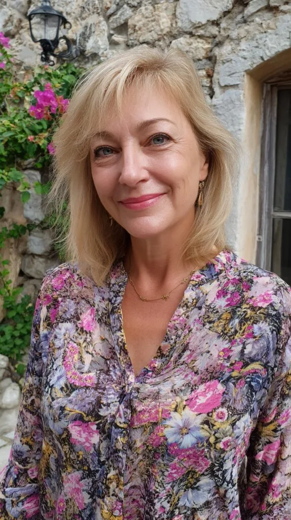 Feathered Shoulder-Length Blonde Lob with Wispy Side Fringe