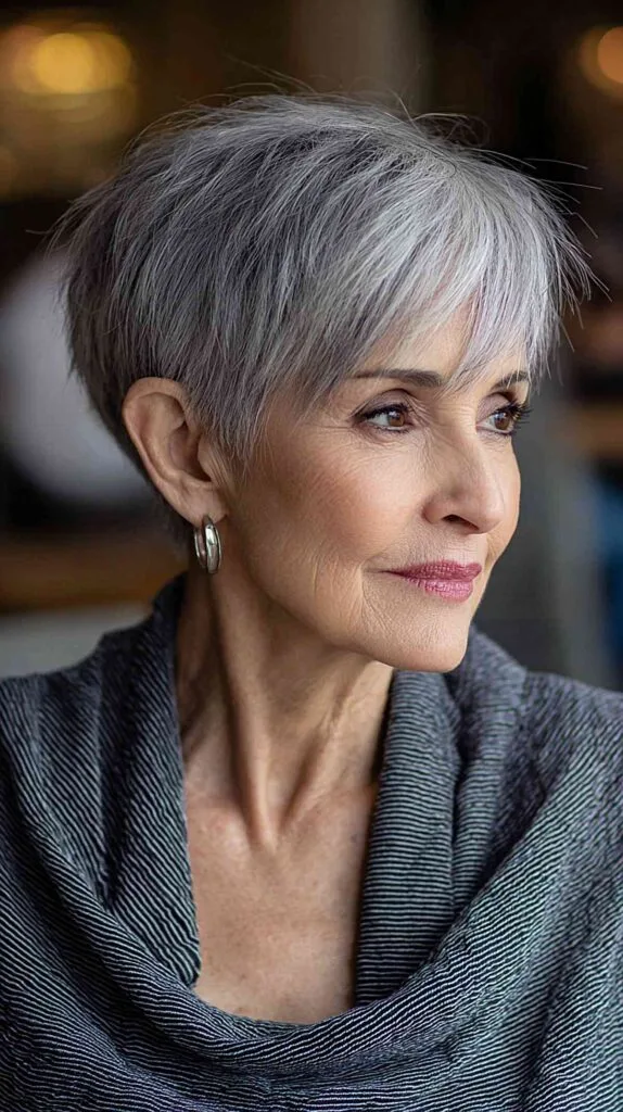 Feathered Silver Angled Pixie with Side Sweep