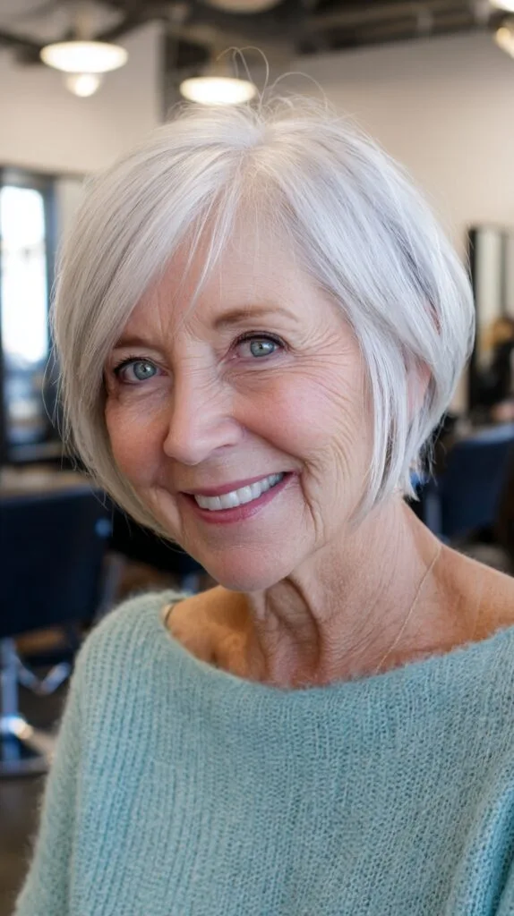 Feathered Silver Chin-Length Layered Bob with Flipped Nape