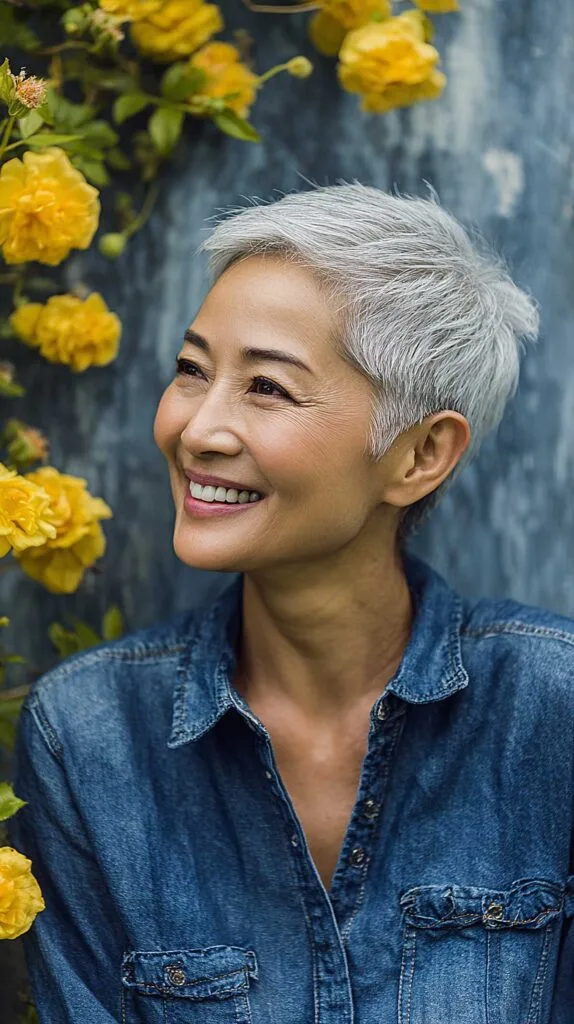 Feathered Silver Pixie with Brushed-Back Crown and Soft Ear Framing