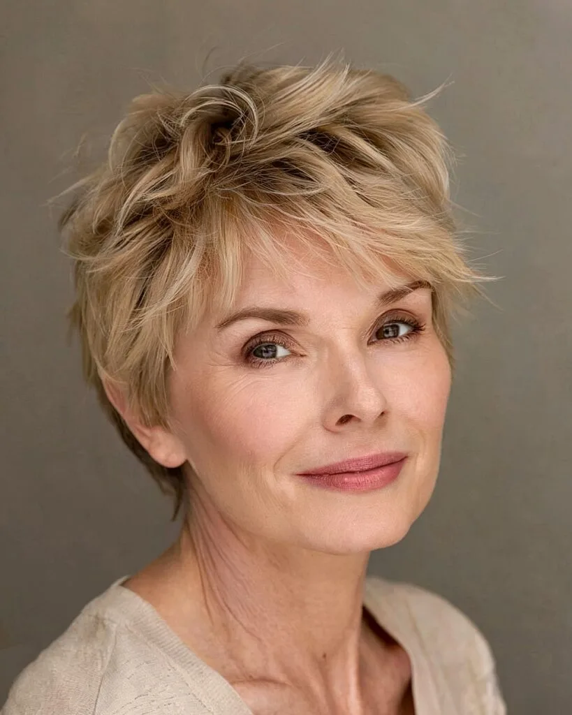 Feathery pixie shag for older women with light layers and tousled blonde finish