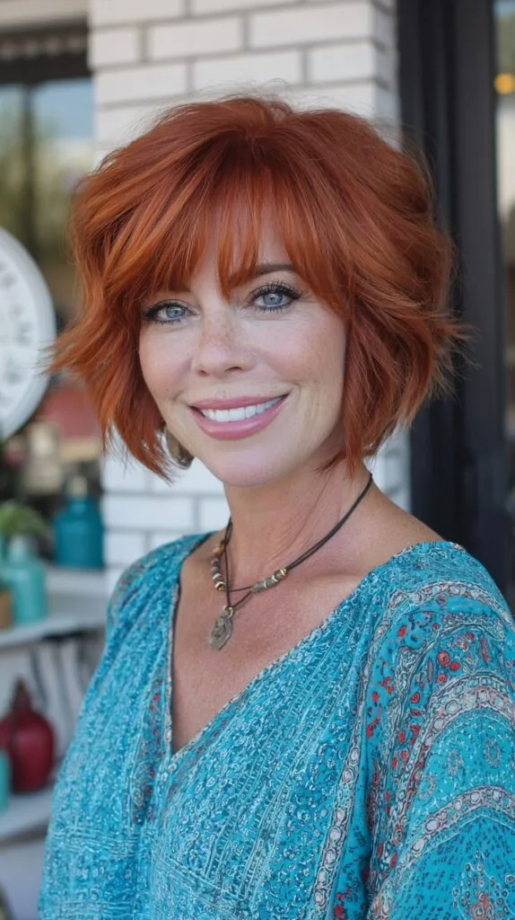 Fiery Copper Textured Chin-Length Bob with Feathered Fringe