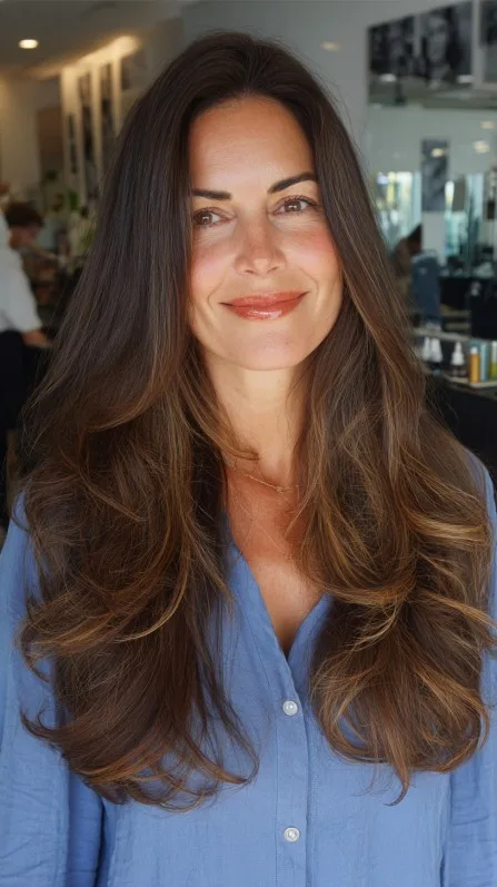 Flowing Brunette Waves with Subtle Lowlights