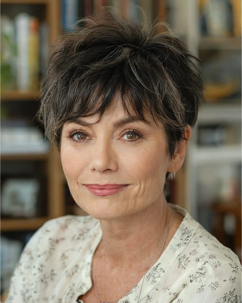French pixie shag cut for over 50 with tousled texture and dark mocha base
