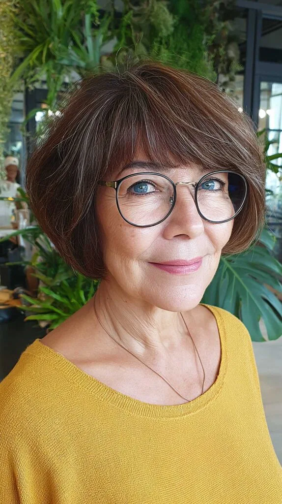Full Brunette Bob with Soft Bangs and Round Glasses