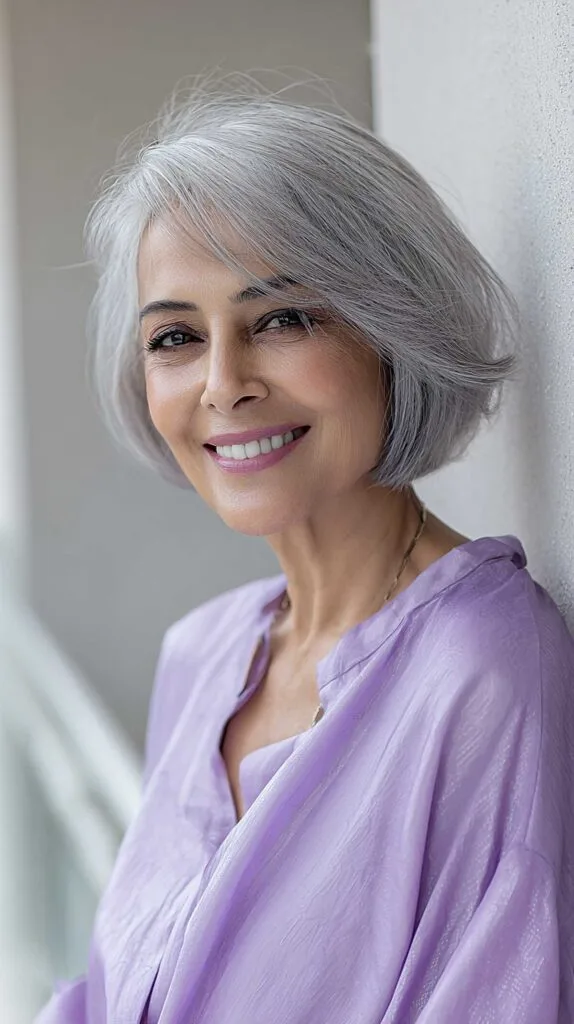 Full Silver Bob with Soft Layered Fringe and Rounded Shape