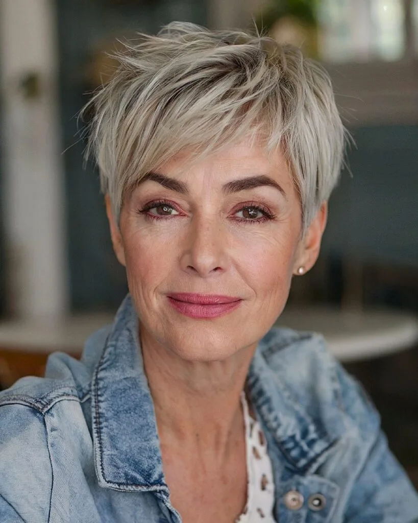 Funky shag pixie cut over 50 with choppy layers and icy blonde textured finish