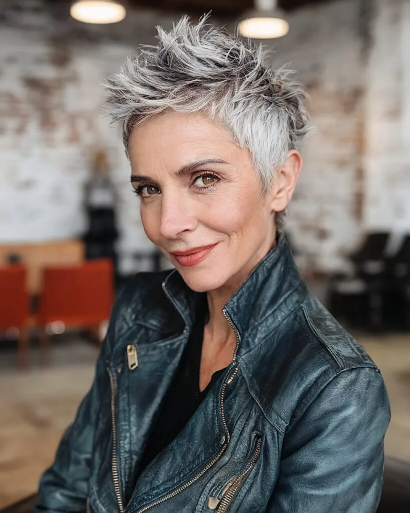 Funky spiky gray pixie cut for women over 50 with short choppy layers and edgy volume