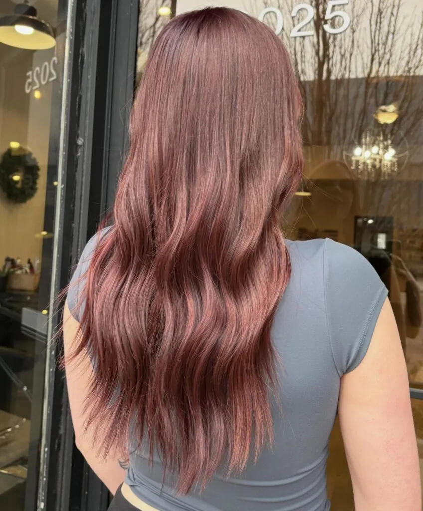 Glossy Cherry Mocha Long Waves with Blended Root Depth
