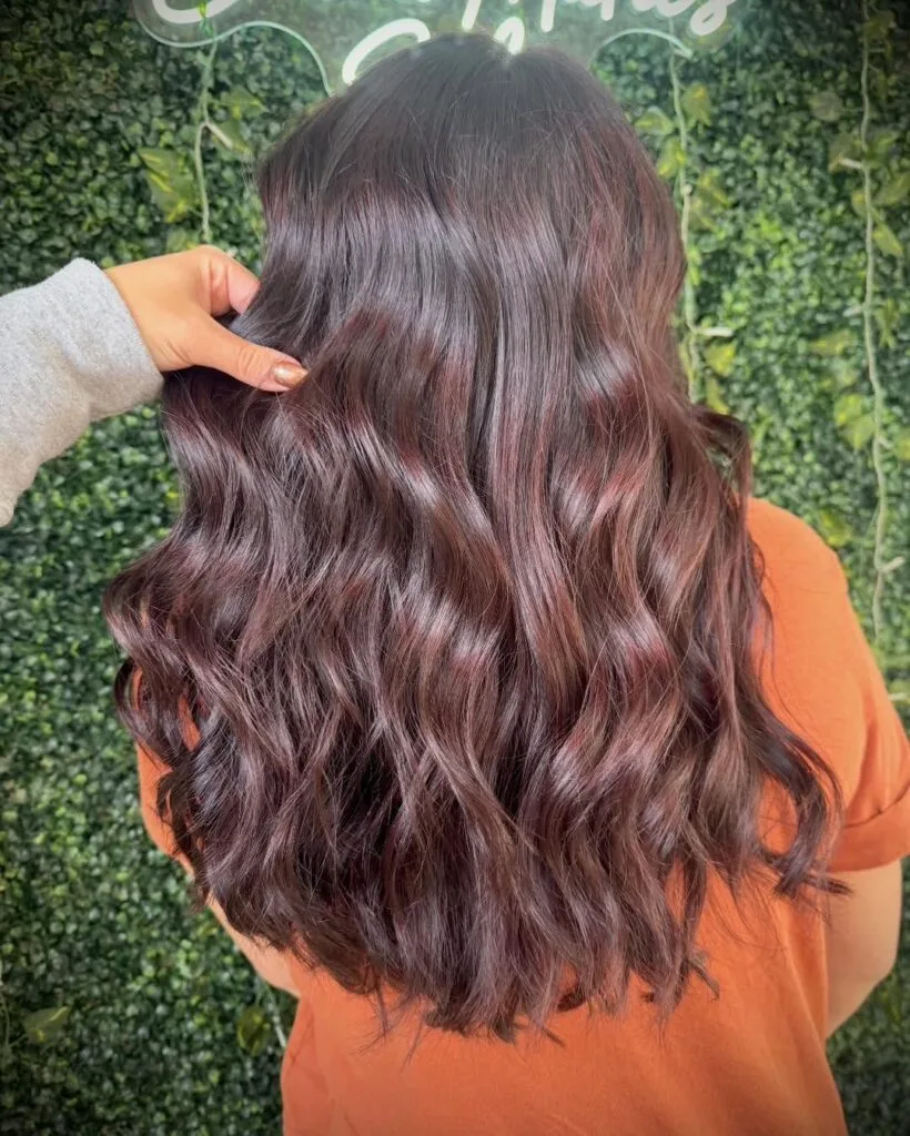 Glossy Cherry Mocha Mid-Back Waves with Root Smudge