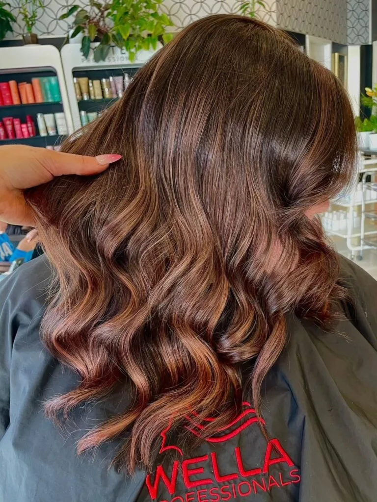Glossy Cherry Mocha Waves with Low-Contrast Root Melt