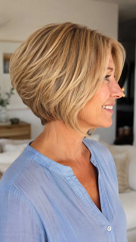 Golden blonde layered stacked bob with feathered ends
