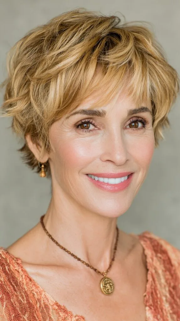 Golden Blonde Tousled Pixie with Layered Bangs
