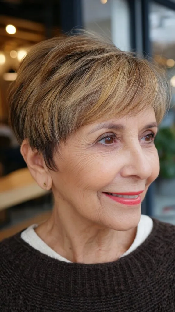 Golden Highlights Tapered Pixie Cut for Elderly Women