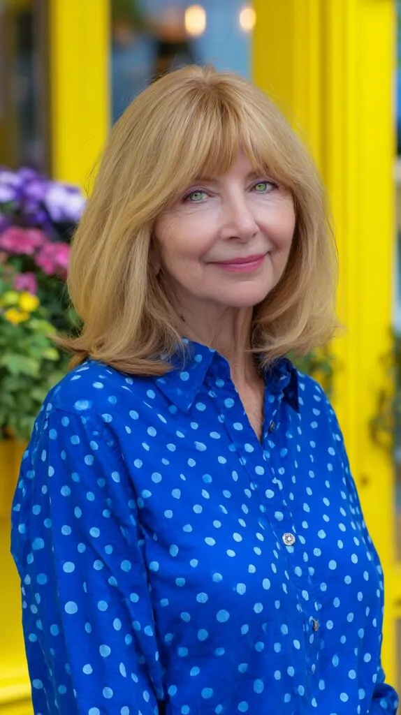 Golden Shoulder-Length Layered Cut with Soft Brow-Framing Fringe