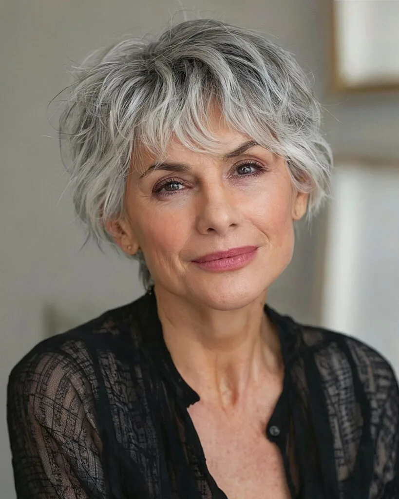 Gray-blended shaggy pixie cut for over 50 with loose texture and soft face-framing bangs