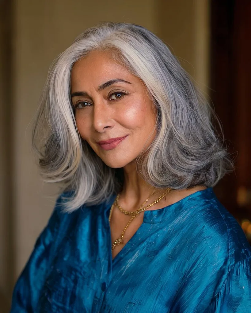 Gray hair with lowlights and icy blonde highlights for women over 50