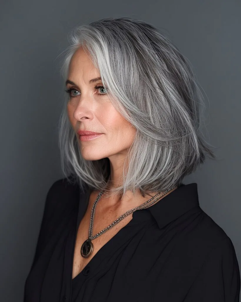 Gray layered bob with soft shadowglow lowlights for women over 50