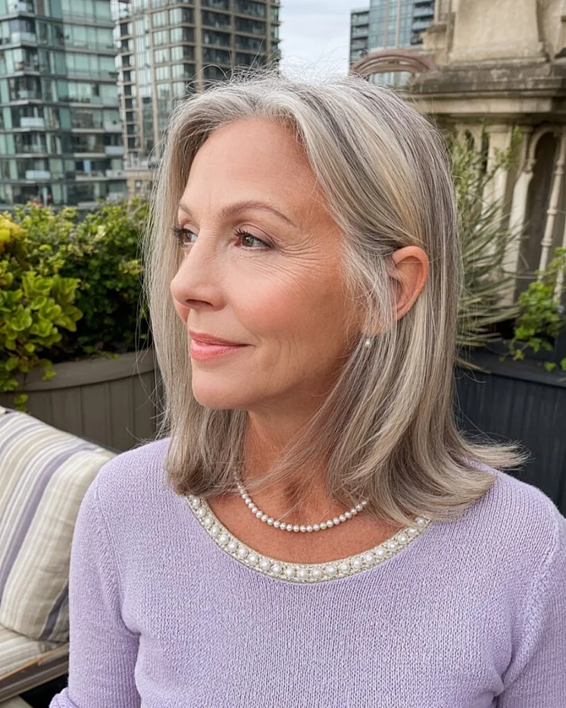 Grey blonde mid-length hair with lowlights for multi-tonal shine over 50