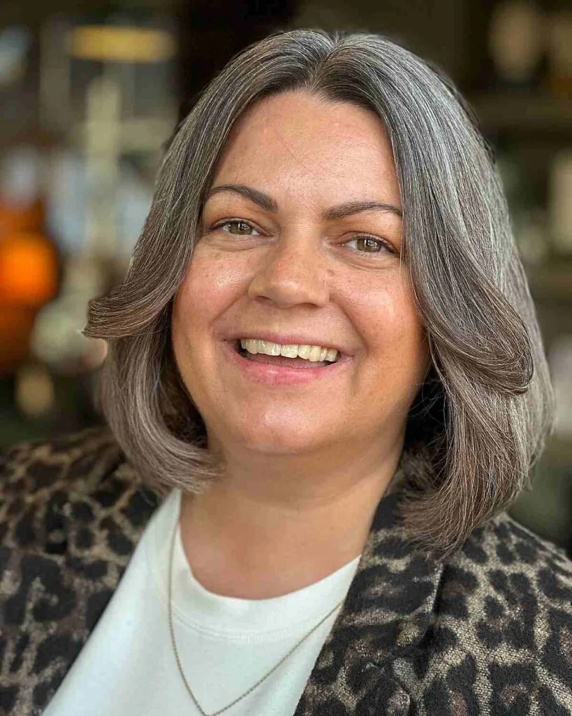 Grey Lob Cut with Face-Framing Layers for Overweight 50-Year-Old Ladies