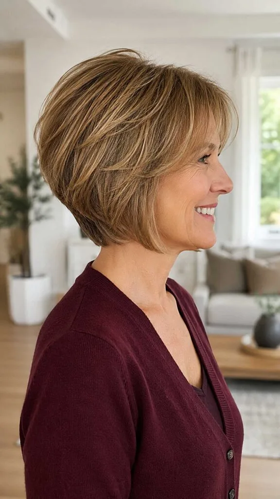 Honey bronde stacked bob with blended highlights