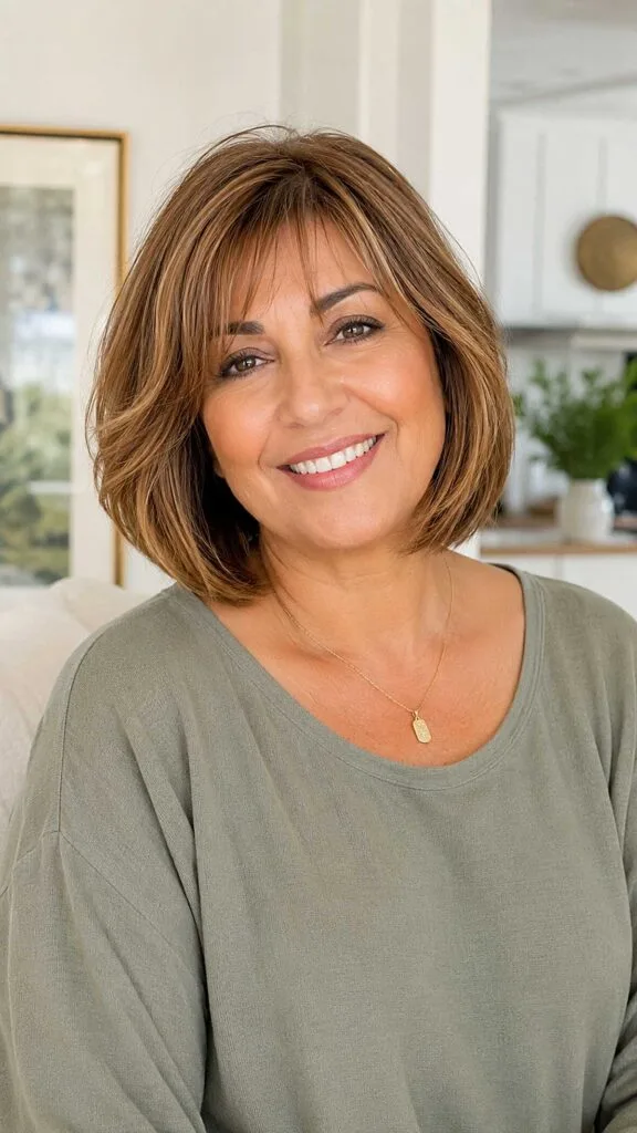 Honey Brunette Textured Bob with Soft Curtain Fringe