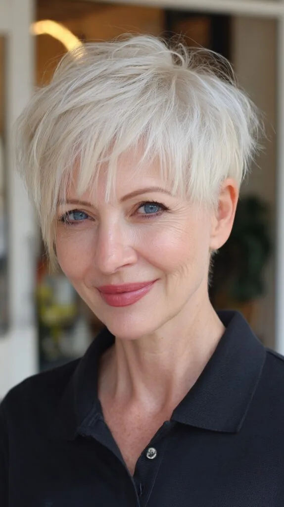 Icy Platinum Textured Long Pixie with Feathered Micro Fringe