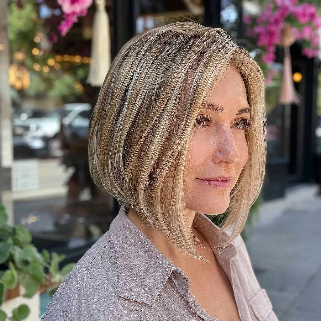 Inverted bob with light volume for fine hair over 40 in honey-blonde with shadow roots