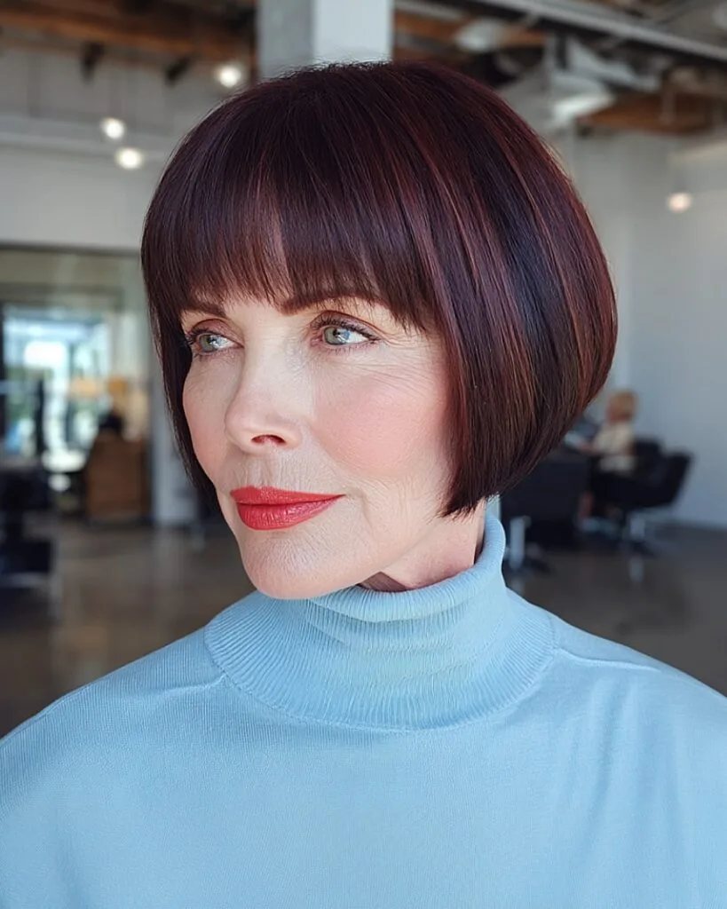 Jaw length inverted bob with full bangs for older women with sleek straight hair