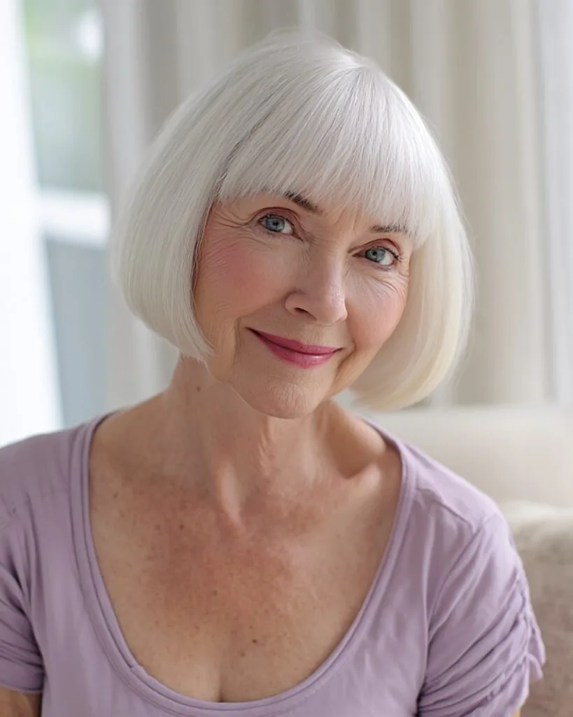 Jaw length white bob with blunt straight bangs for older women with fine hair
