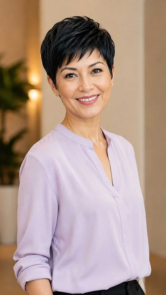 Jet Black Cropped Pixie with Directional Top Layers