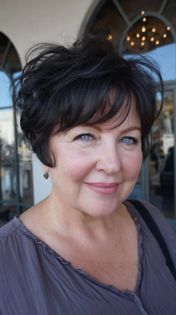 Jet-Black Pixie with Swooped Bangs