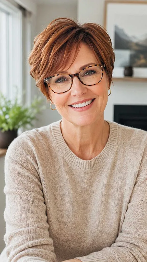 Layered auburn pixie with long side-swept bangs