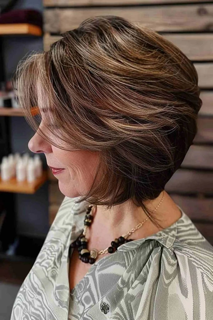 Layered bob haircut for women over 50 with flattering side-swept bangs