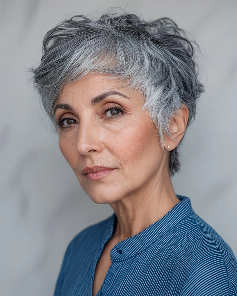 Layered gray bob with black lowlights for depth and edge over 50
