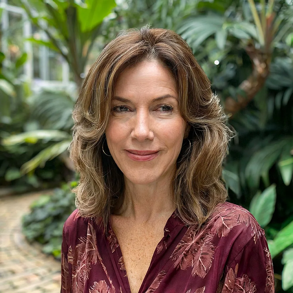 Layered long bob with flipped-out ends and natural brunette tones for women over 50