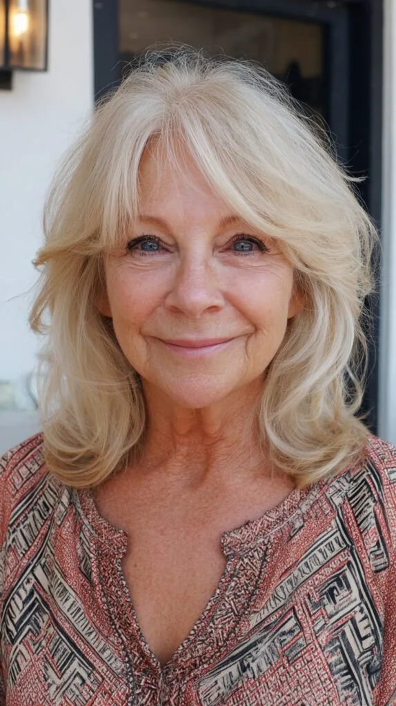 Light Ash Blonde Shoulder-Length Layers with Feathered Curtain Fringe