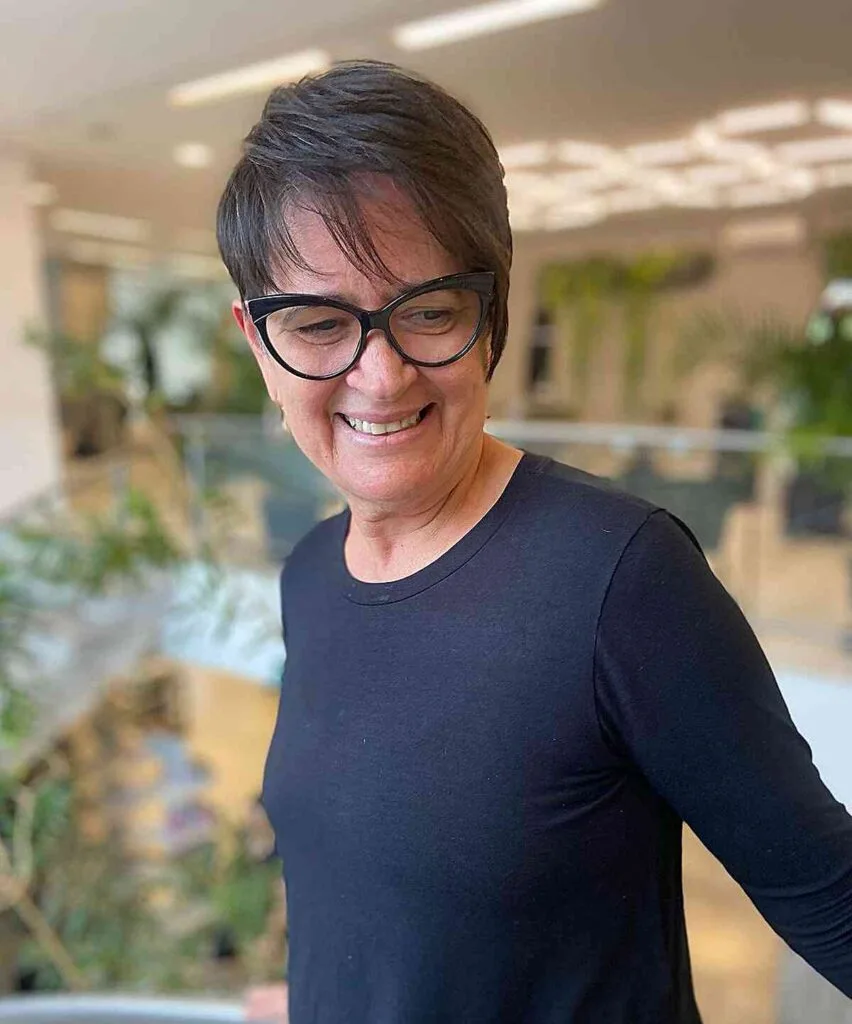 Light Bangs on a Short Pixie for Fine Hair for 50-Year-Olds with Glasses