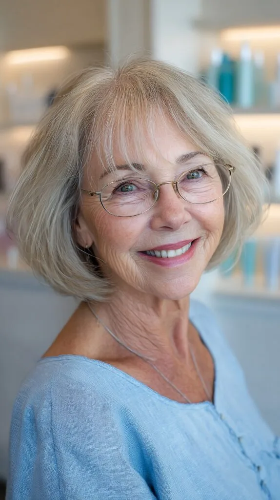 Light Silver-Blonde Chin-Length Layered Bob with Wispy Fringe